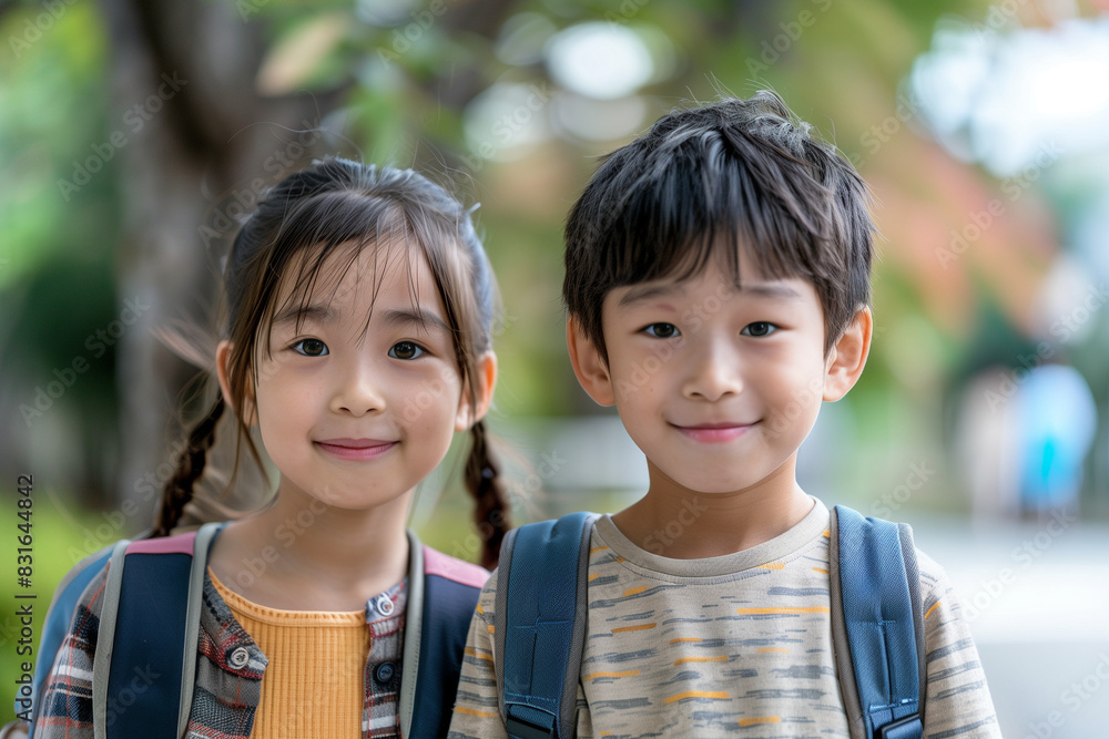 Happy Asian Siblings With Backpacks Ready for Back to School or Hike Happy Asian Siblings With Backpacks Ready for Back to School or Hike