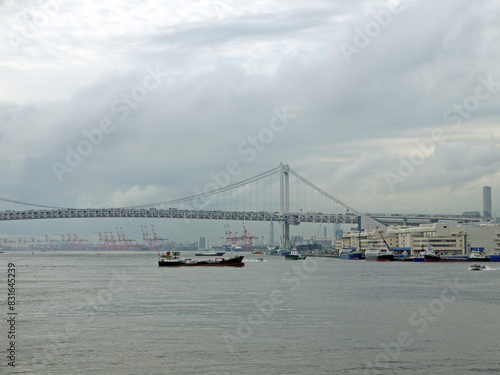 фотографія Rainbow Bridge and Tokyo bay view with cargo ship under the bridge