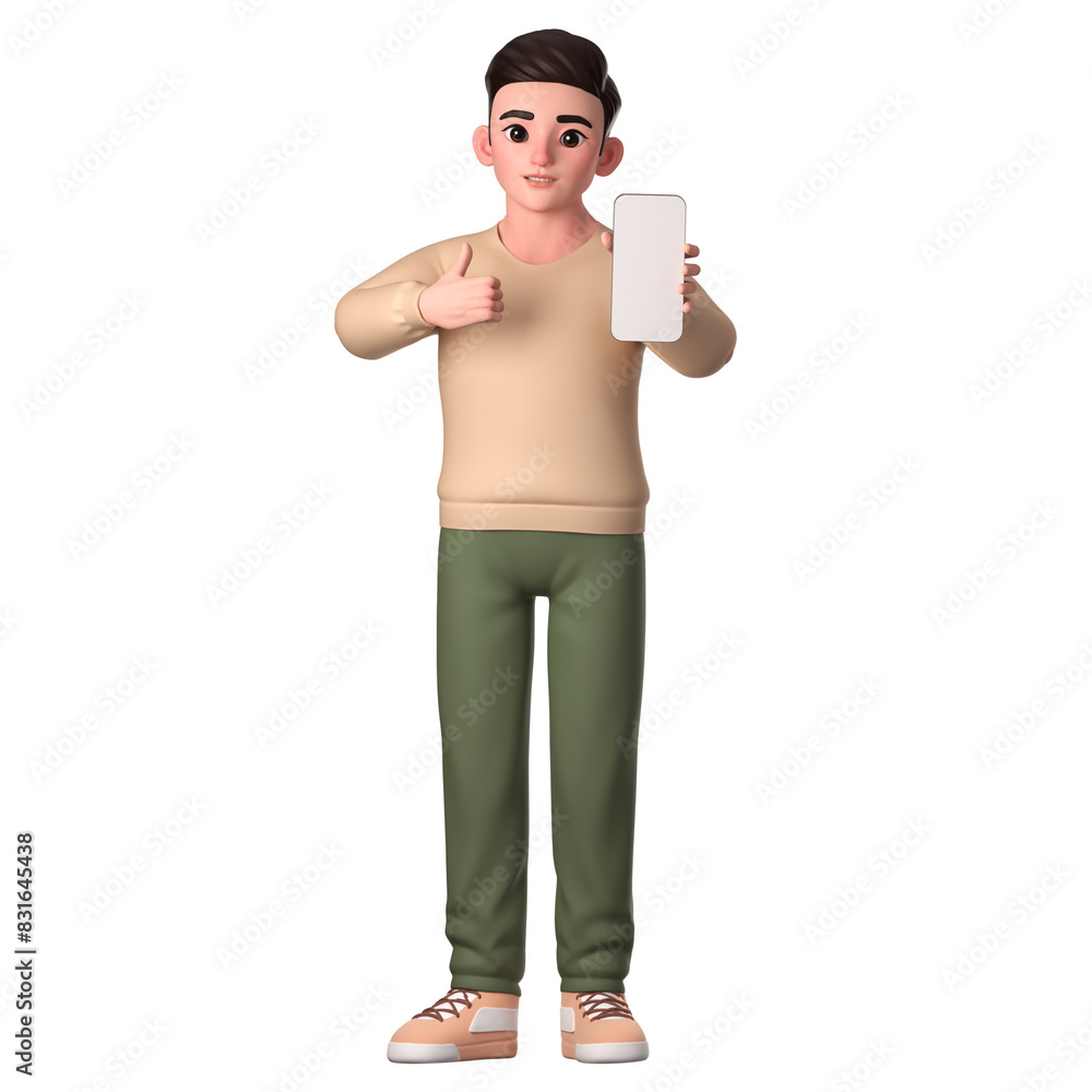 Man character showing happy gesture with his smartphone, 3D Character Illustration Man character showing happy gesture with his smartphone, 3D Character Illustration