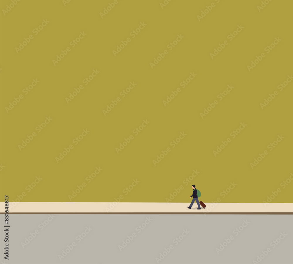 Fototapeta premium Traveler with backpack pulling suitcase walking on city street. Transport and travel and Journey concept. Holiday vacation.