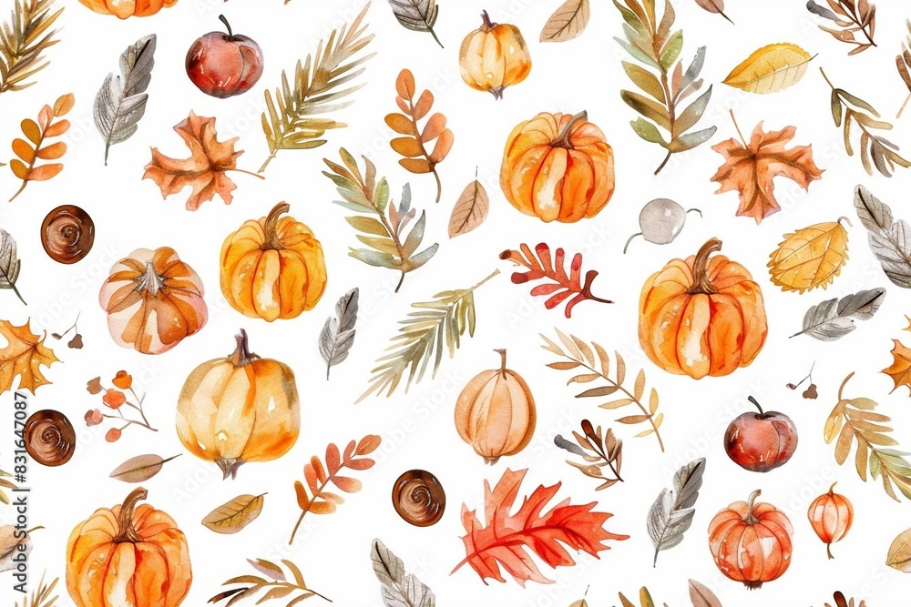Watercolor autumn pattern with pumpkins and leaves Watercolor autumn pattern with pumpkins and leaves