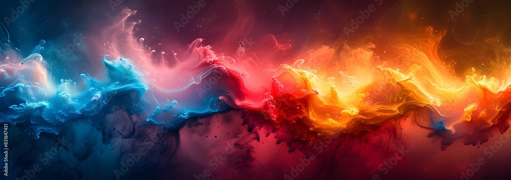 A high-definition abstract background with a dramatic burst of red, blue, and yellow shapes and smoke, creating a sense of movement and depth