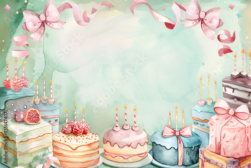 Happy birthday card or invitation for celebration with copy space. Background cakes in pastel colors