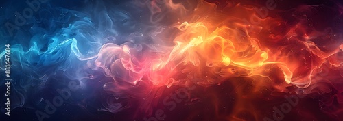 A high-definition abstract background with a dramatic burst of red, blue, and yellow shapes and smoke, creating a sense of movement and depth