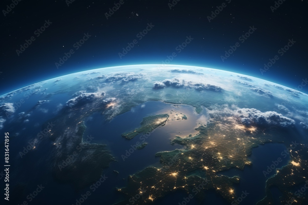 A stunning view of Earth from space highlighting continents, oceans, and illuminated cities at night, captured under the vast expanse of the sky. A stunning view of Earth from space highlighting continents, oceans, and illuminated cities at night, captured under the vast expanse of the sky.