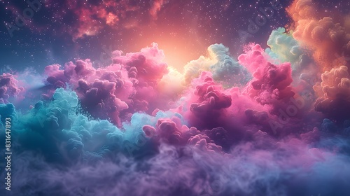 A high-definition abstract scene with a burst of vibrant pink, green, and blue shapes and smoke, creating a visually dynamic and realistic effect