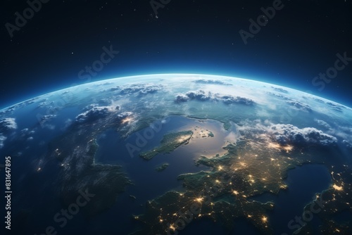A stunning view of Earth from space highlighting continents, oceans, and illuminated cities at night, captured under the vast expanse of the sky.