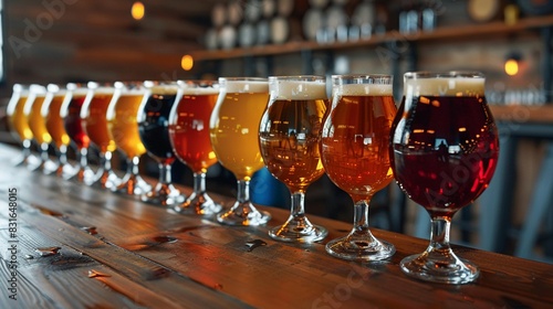 Fototapeta Naklejka Na Ścianę i Meble -  Artisan ales lined up for a tasting event, rustic brewery decor, and warm, inviting lighting