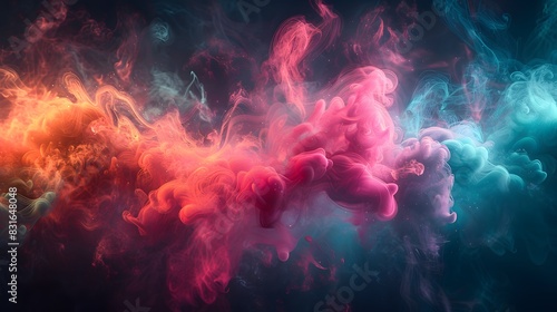 A high-definition abstract scene with a burst of vibrant pink, green, and blue shapes and smoke, creating a visually dynamic and realistic effect
