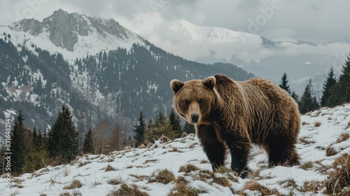 Meeting a brown bear in the snowy mountains of the Western Tatras during a spring trip Bears emerging from hibernation in the Slovak mountains during winter outdoors