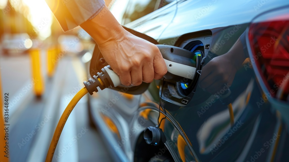 Obraz premium Sustainable, Green Energy, Environment conservation concept picture of electric plug-in hybrid car at charging station point for electric vehicles. 