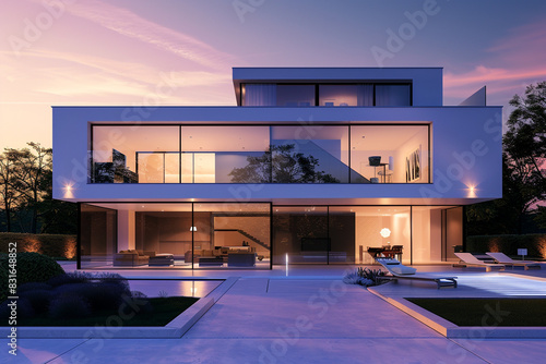 The front faÃ§ade of a modern house with expansive glass panels, minimalist exterior lighting, and a sleek, contemporary design, set against a solid white background. © shafiq