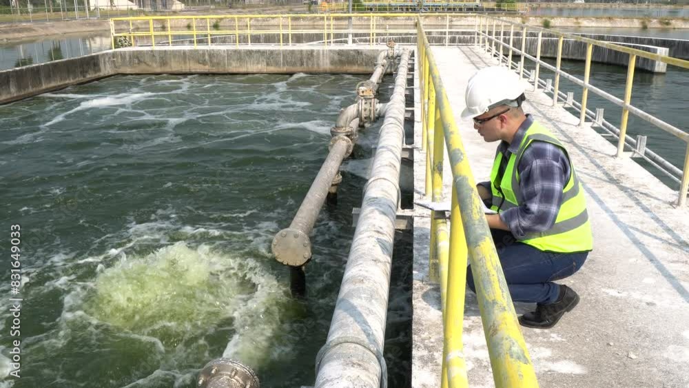 Service engineer checking on waste water treatment plant,Environmental engineers inspect quality at water plants,Technicians work at a water station to produce tap water. Service engineer checking on waste water treatment plant,Environmental engineers inspect quality at water plants,Technicians work at a water station to produce tap water.
