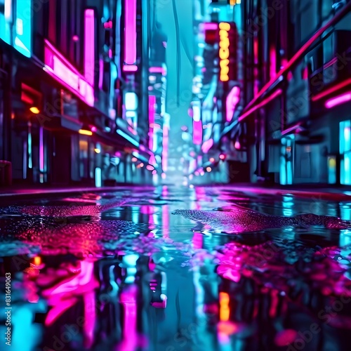  3d rendering of neon mega city with light reflection