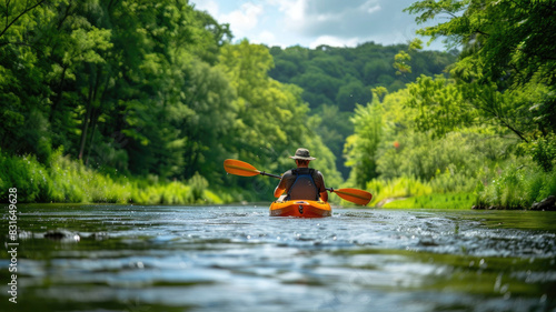 Person kayaking on river surrounded by lush green forest © Artyom