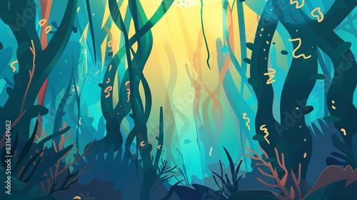 Enchanted kelp forest flat design front view, sunrise, animation, analogous color scheme  photo