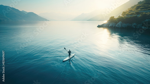 Person paddleboarding on serene lake surrounded by mountains at sunrise photo
