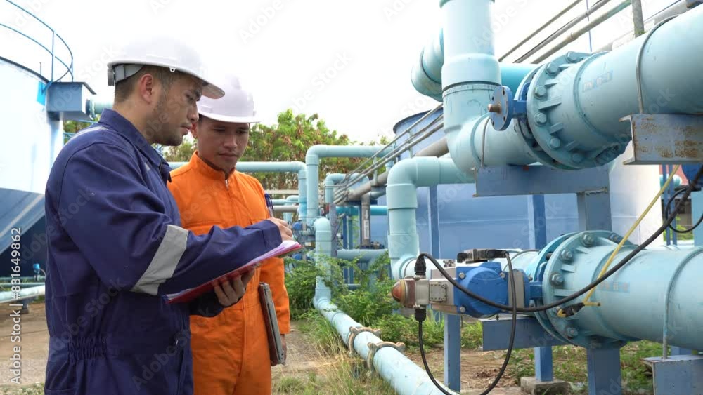 custom made wallpaper toronto digitalAn environmental engineer inspects water quality at a water treatment plant,Manager and worker controls the amount of chlorine in the water,Senior technician working at the water storage plant to use
