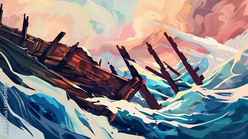 Shipwreck debris flat design side view, stormy seas, water color, triadic color scheme  photo