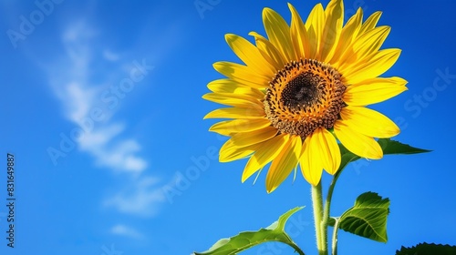 Bright sunflower against a bright blue sky background. Symbol of summer and nature  showcasing vibrant yellow petals in a sunny setting.