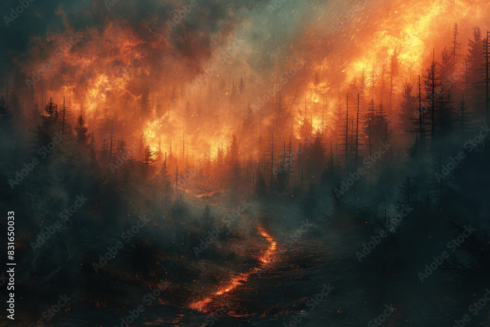 A forest fire is raging through a wooded area, with smoke and flames billowing out of the trees. The scene is dark and ominous, with the fire consuming everything in its path. Scene is one of danger A forest fire is raging through a wooded area, with smoke and flames billowing out of the trees. The scene is dark and ominous, with the fire consuming everything in its path. Scene is one of danger