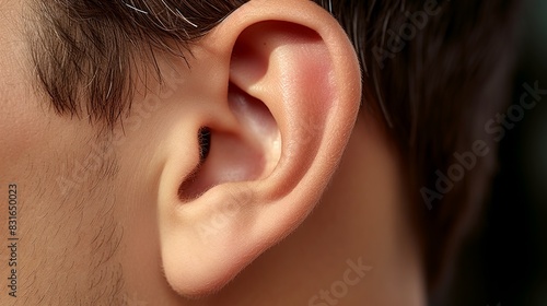 Close-up image of a human ear, showcasing detailed features and texture of the ear lobe and outer ear.