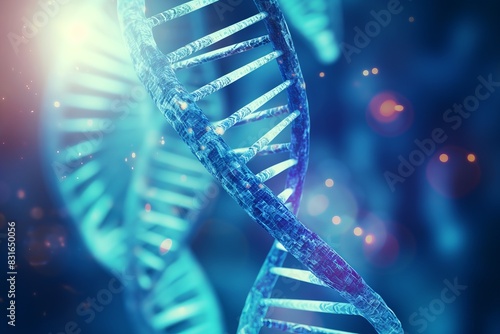 Close-up image of DNA strand in a science and medical background. Representation of genetics, bioengineering, and biotechnology concepts. © GenBy