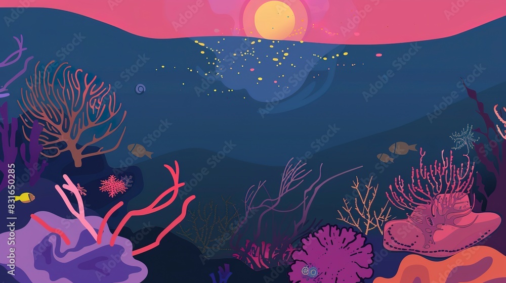 Magical coral reef flat design top view, sunset, cartoon drawing, complementary color scheme Magical coral reef flat design top view, sunset, cartoon drawing, complementary color scheme