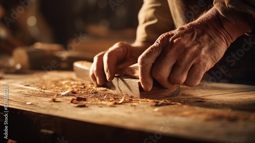 Close-up of a craftsman's hands woodworking, smoothing a piece of wood on a workbench, surrounded by wood shavings in warm light.