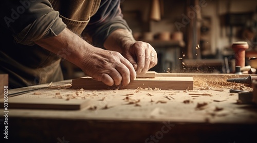 Close-up of a craftsman working on wood in a workshop, surrounded by tools and sawdust, showcasing the art of traditional woodworking.