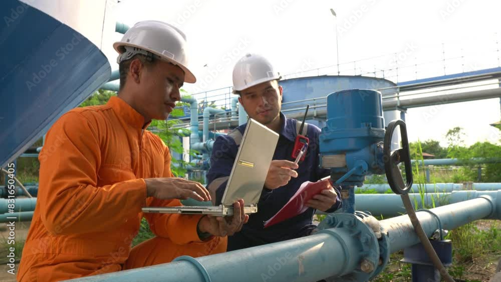 An environmental engineer inspects water quality at a water treatment plant,Manager and worker controls the amount of chlorine in the water,Senior technician working at the water storage plant to use An environmental engineer inspects water quality at a water treatment plant,Manager and worker controls the amount of chlorine in the water,Senior technician working at the water storage plant to use