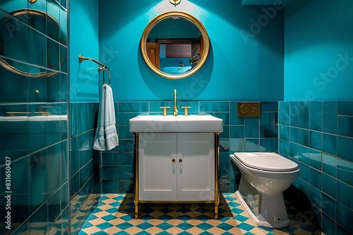 Mid-century modern bathroom with teal geometric floor tiles, a brass towel rack, and a round mirror with gold accents.