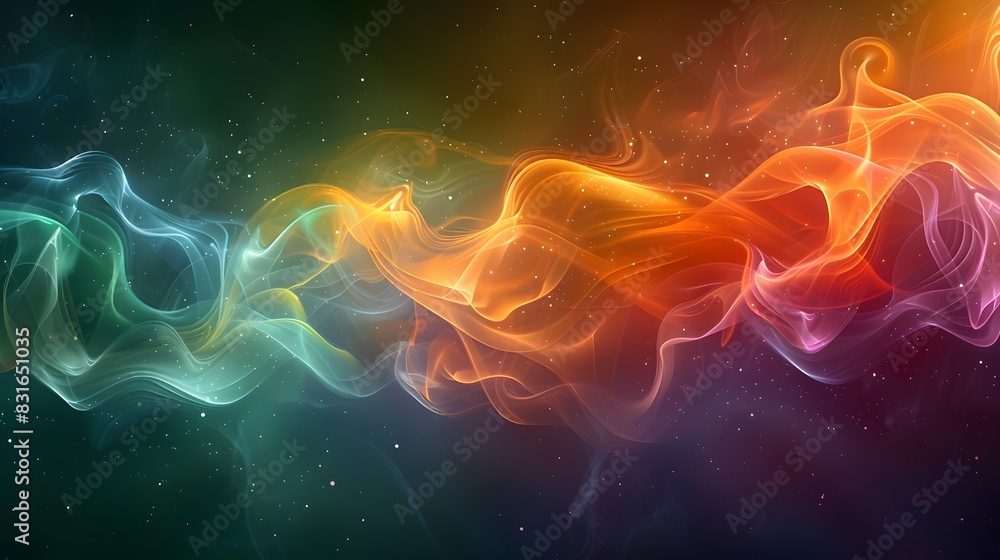 A lively abstract background featuring a colorful burst of shapes and smoke in shades of green, yellow, and purple, captured with a high-definition realistic look