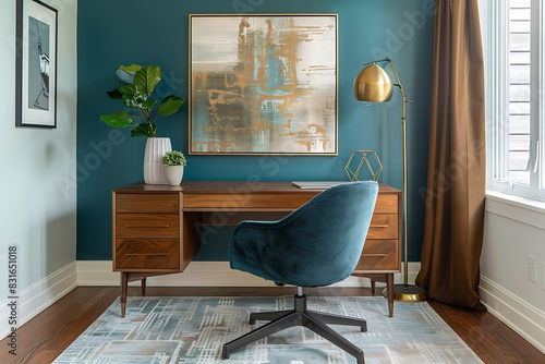 Mid-century modern home office with a walnut desk, a plush swivel chair in a jewel tone, and gold-framed artwork on the wall. photo
