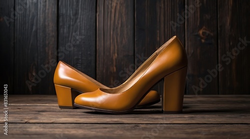 pair of leather high heel shoes with a chunky heel are sitting on a wooden surface against a dark wood background.