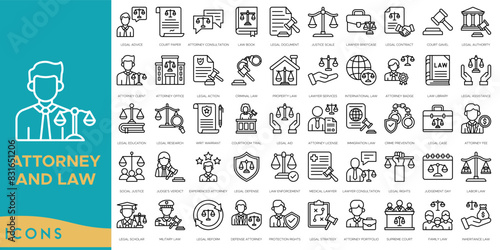 Attorney and Law icon set. Legal Advice, Court Paper, Attorney Consultation, Law Book, Legal Document, Justice Scale and Lawyer Briefcase
