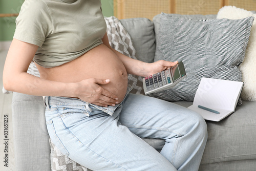 Pregnant young woman with calculator sitting on sofa in living room