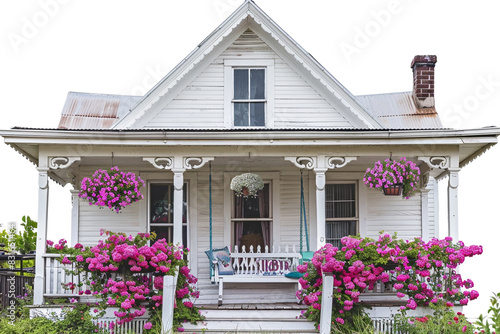 A delightful craftsman bungalow with a welcoming front porch, featuring a porch swing and blooming flower baskets, inviting relaxation and serenity against a solid white background. © shafiq