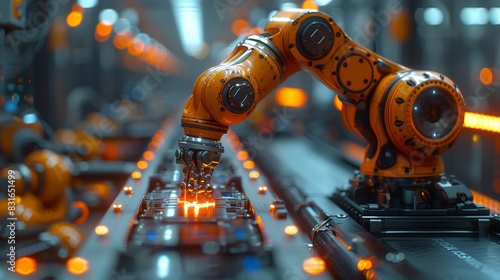 High-tech robotic arm on assembly line. Sophisticated orange robotic arm working on an assembly line with glowing lights, representing advanced automation in manufacturing.