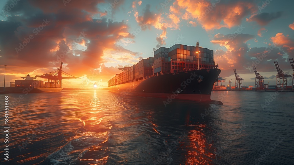 Cargo Ship at Port During Sunset. Cargo ship arriving at a busy port during sunset, emphasizing the importance of maritime logistics and global trade. Cargo Ship at Port During Sunset. Cargo ship arriving at a busy port during sunset, emphasizing the importance of maritime logistics and global trade.