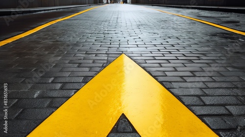 Close-up view of a yellow arrow on a wet cobblestone road, leading towards the horizon, a symbol of direction and guidance. photo