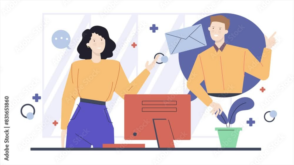 Young human resources manager sitting at table talking with new candidate. business animated illustration. business animation video Young human resources manager sitting at table talking with new candidate. business animated illustration. business animation video