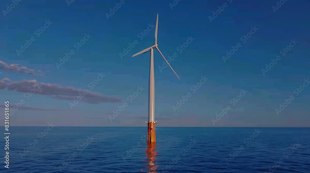 single Wind Turbine offshore in the Sea Under Clear Evening Sky with Reflective Water, sustainable Clean Renewable energy, striving for net zero 