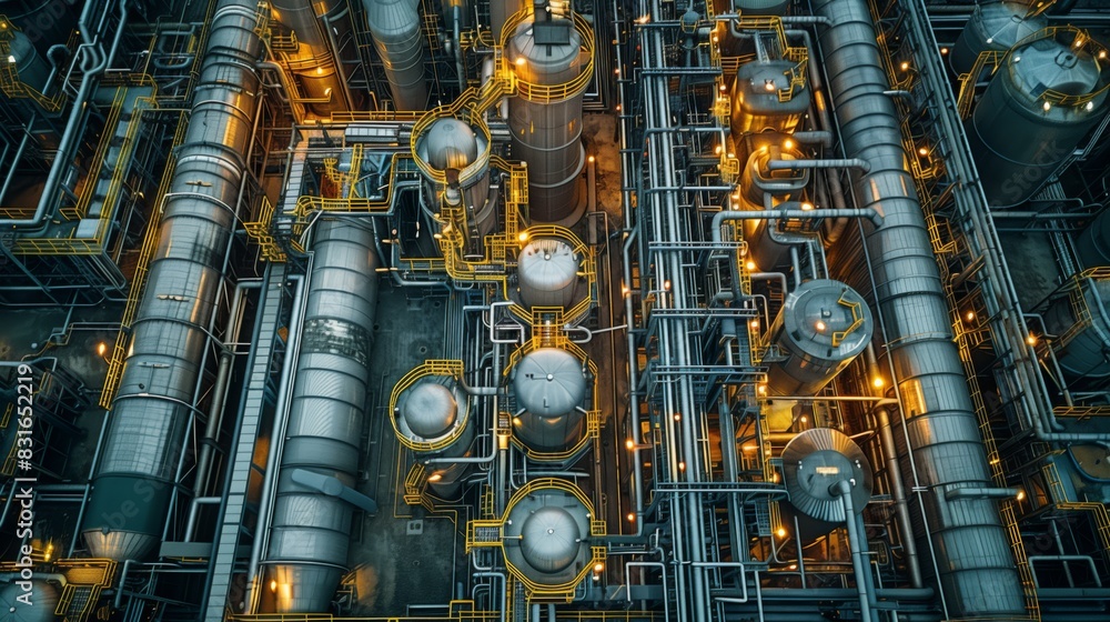 Aerial View of Industrial Processing Plant. Aerial view of an industrial processing plant, showcasing a vast array of pipes, tanks, and complex infrastructure for manufacturing.