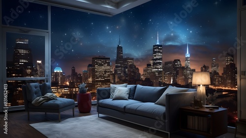 A living room with a wall featuring a realistic mural of a bustling cityscape at night  with glowing lights  skyscrapers  and a starry sky  captured in high definition.