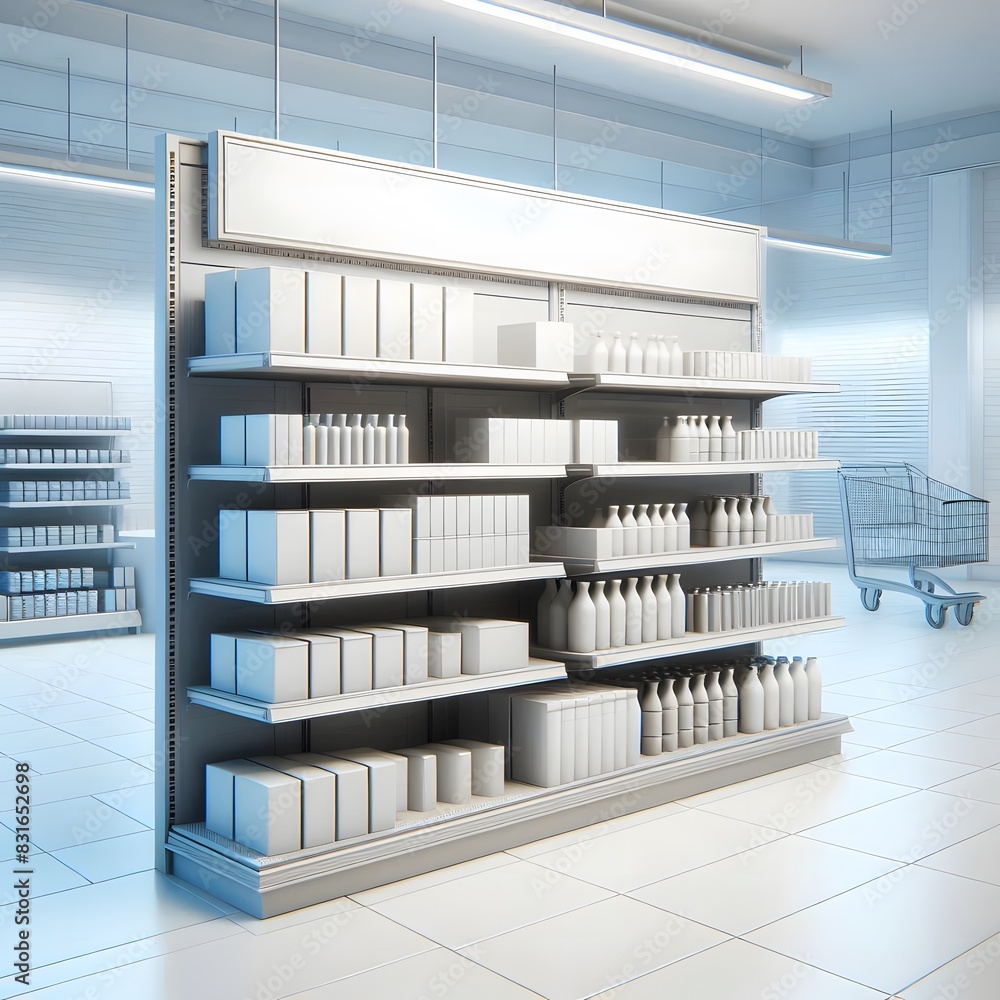 AI Generate of Mockup Supermarket Shelves with mockup blank goods in 3D render.	

