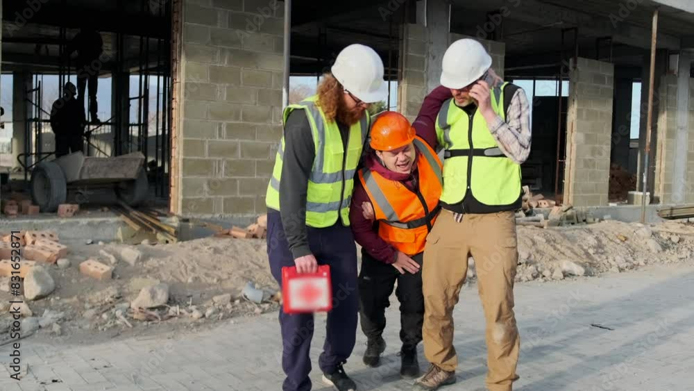 First aid for worker accident in construction site, medical workers with a first aid kit in their hands are dragging a wounded foreman screaming in pain. Health insurance and emergency. First aid for worker accident in construction site, medical workers with a first aid kit in their hands are dragging a wounded foreman screaming in pain. Health insurance and emergency.