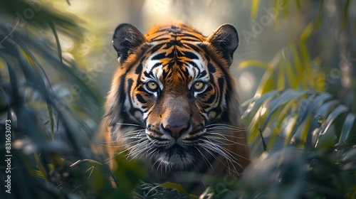 A majestic tiger prowling through dense jungle foliage  with sunlight filtering through the trees. HD 8K background wallpaper with a realistic look  captured by an HD camera