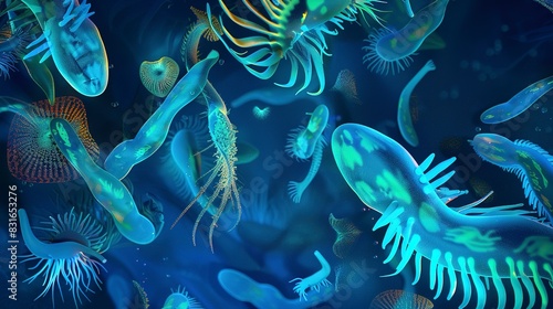 Bioluminescent sea creatures flat design top view, underwater fantasy, 3D render, vivid 