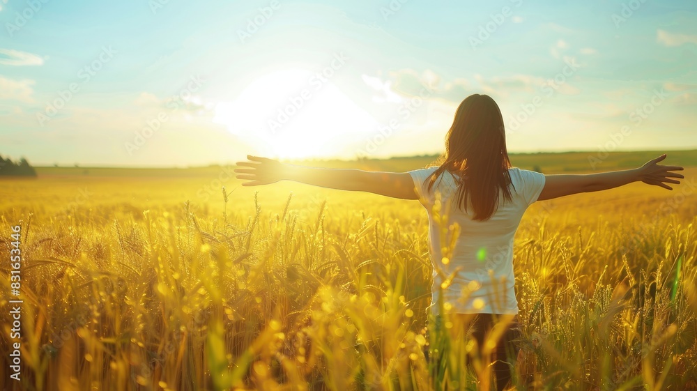Fototapeta premium Woman enjoying sunset in wheat field with arms wide open
